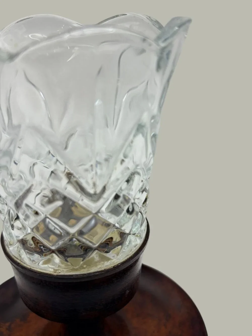 Vintage S.N.K. India Crystal Votive Candle Holder Faux Burl Wood Pedestal 6